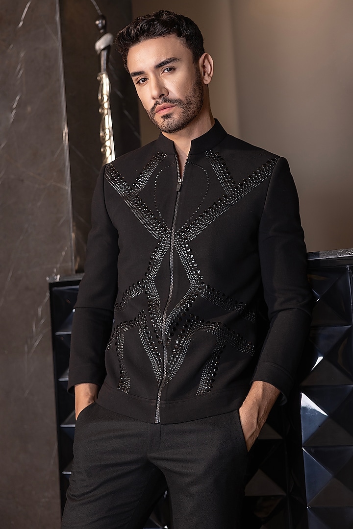 Black Poly Knit Hand Embellished Bomber Jacket by AMIT ARORA