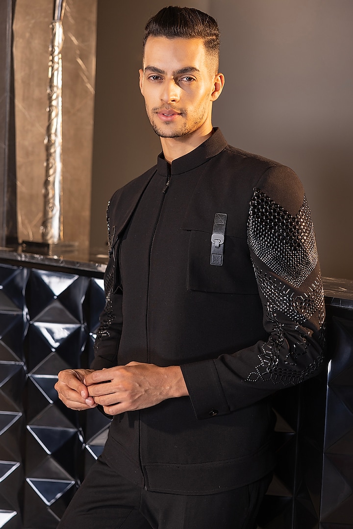 Black Poly Knit Hand Embellished Bomber Jacket by AMIT ARORA