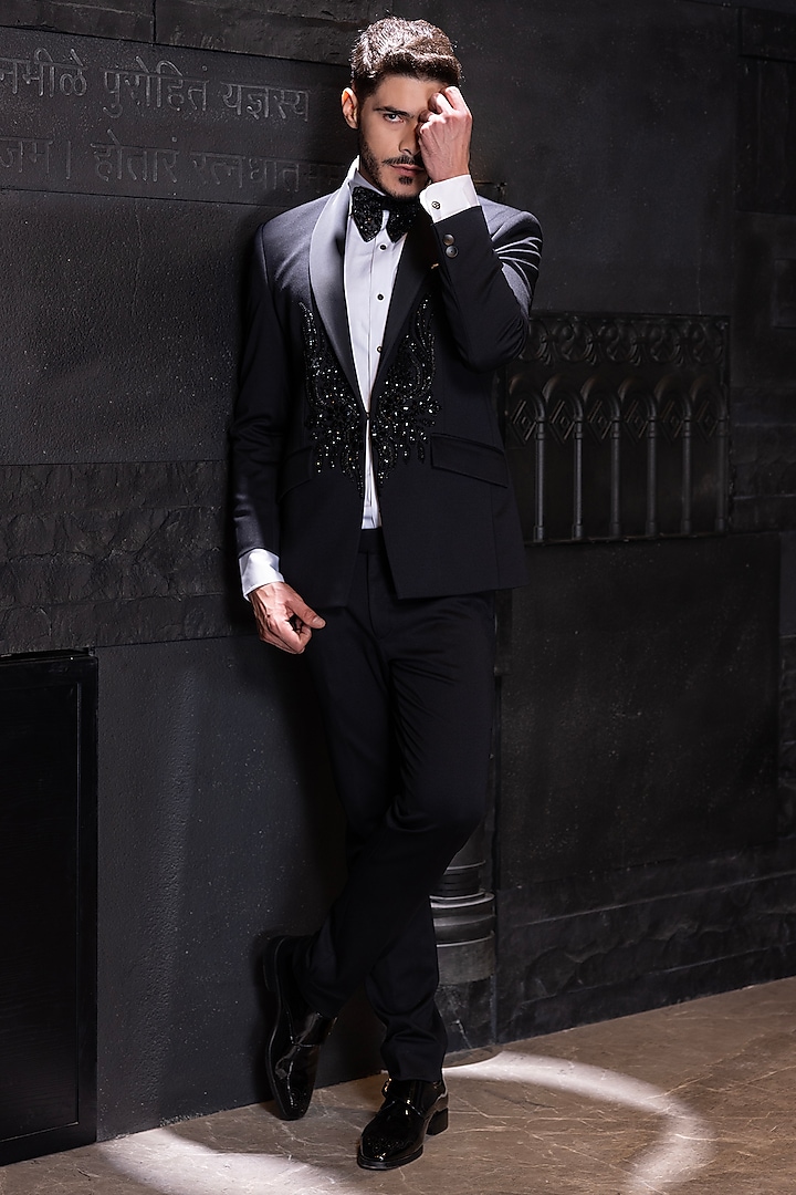 Black Poly Knot Hand Embroidered Tuxedo Set by AMIT ARORA