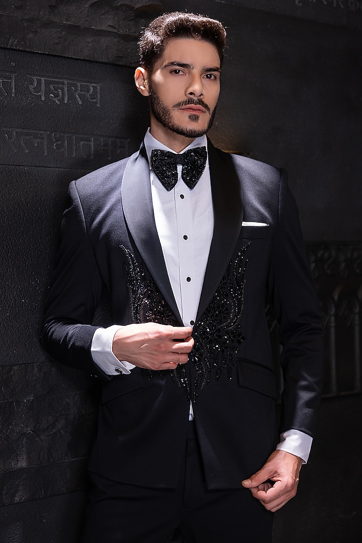 Black Poly Knot Hand Embroidered Tuxedo Set by AMIT ARORA at Pernia's Pop Up Shop