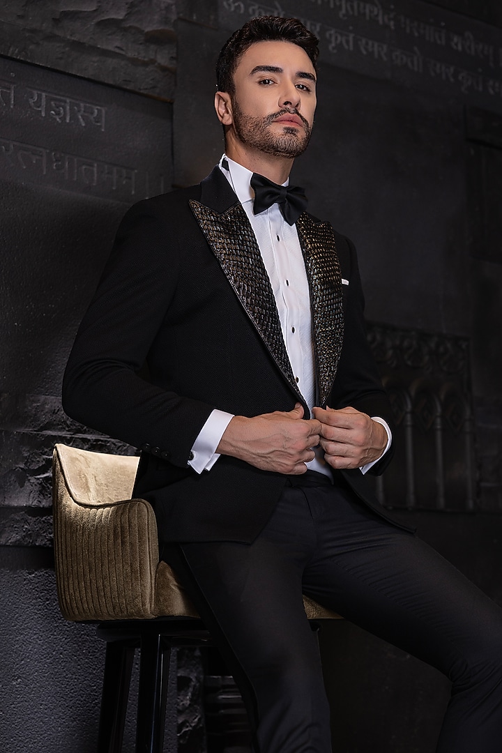 Black Textured Knit Hand Embroidered Tuxedo Set by AMIT ARORA at Pernia's Pop Up Shop