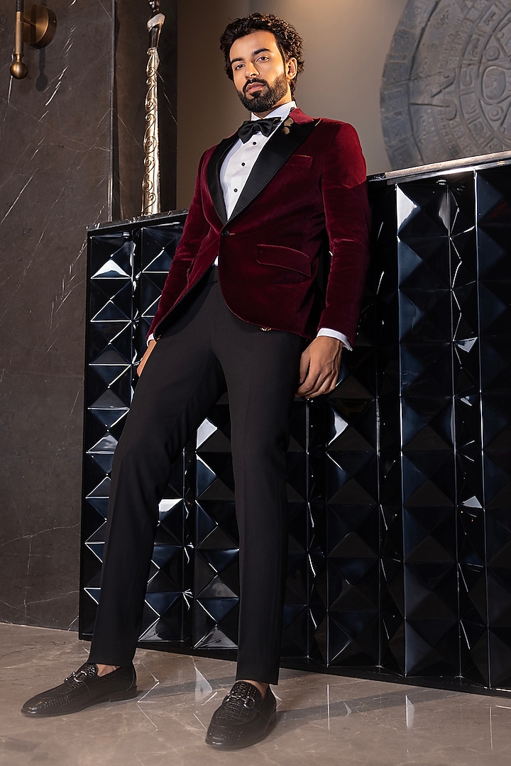 Wine Cotton Velvet Tuxedo Set by AMIT ARORA