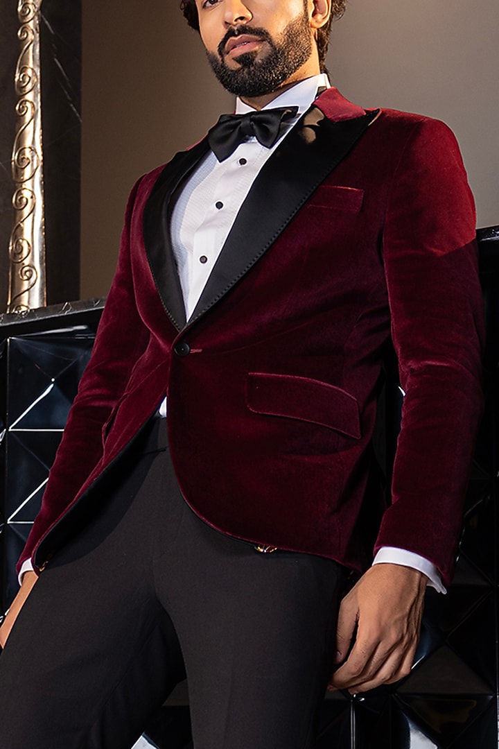 Wine Cotton Velvet Tuxedo Set by AMIT ARORA at Pernia's Pop Up Shop