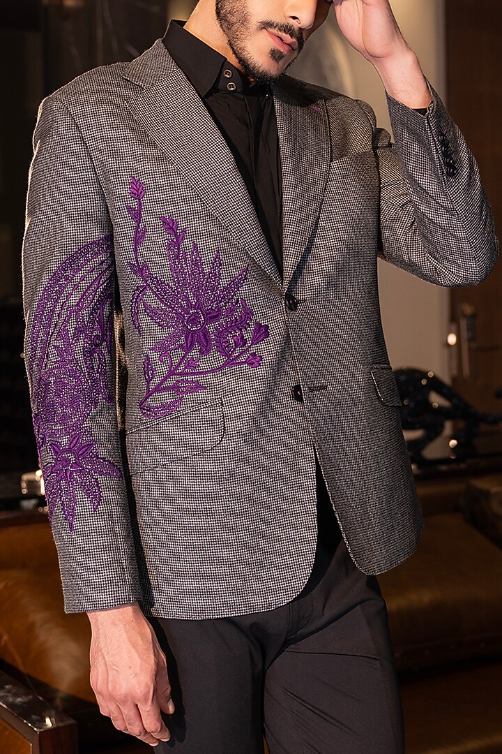 Grey Textured Knit Embroidered Tuxedo by AMIT ARORA at Pernia's Pop Up Shop
