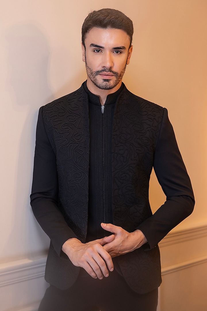 Black Poly Knit Wedding Indowestern Set by AMIT ARORA at Pernia's Pop Up Shop