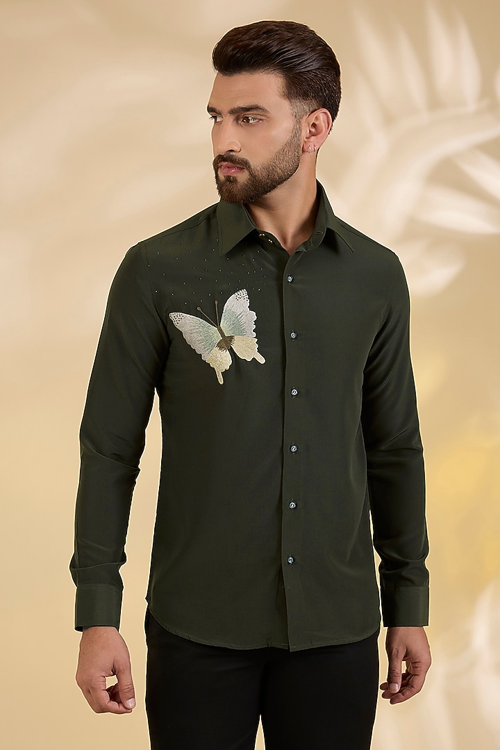 Green Polynosic Party Wear Shirt by AMIT ARORA at Pernia's Pop Up Shop