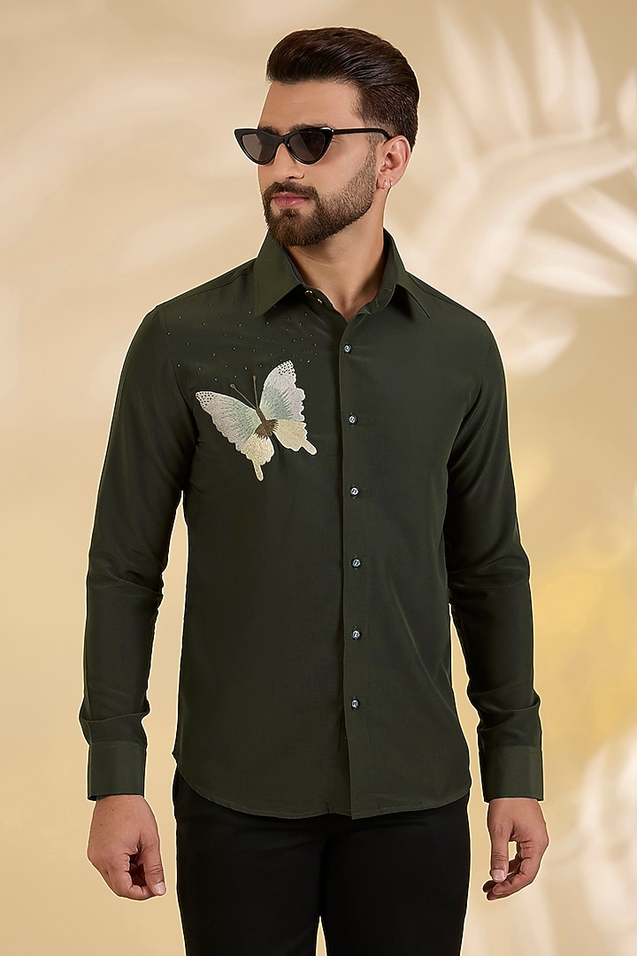Green Polynosic Party Wear Shirt by AMIT ARORA at Pernia's Pop Up Shop