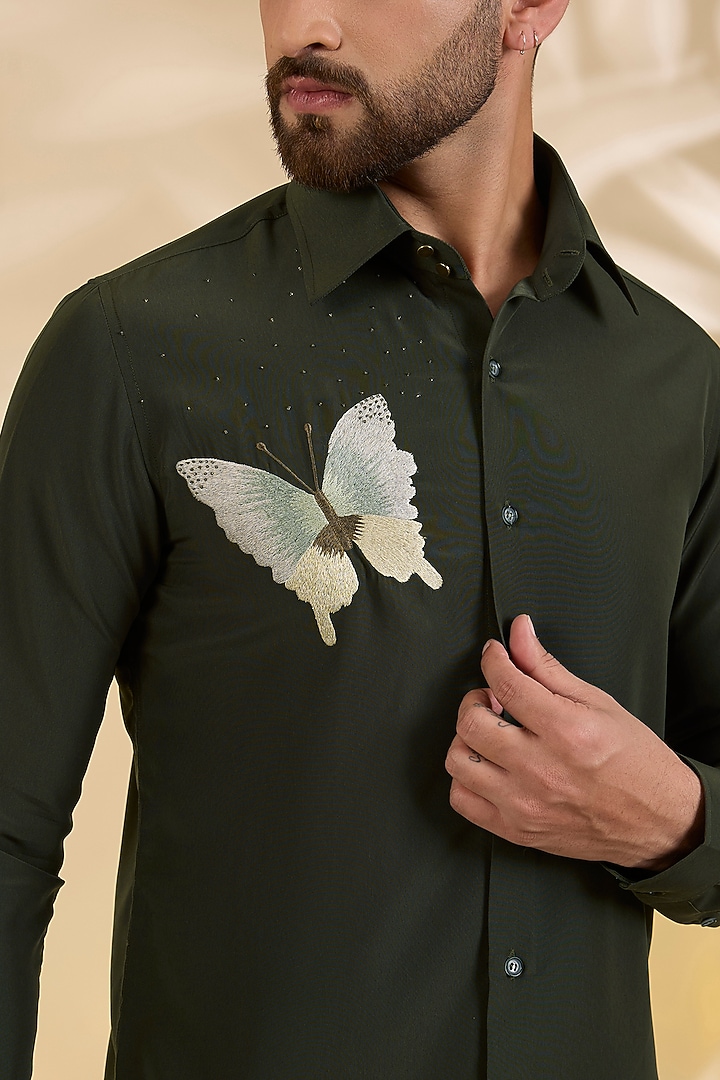 Green Polynosic Party Wear Shirt by AMIT ARORA at Pernia's Pop Up Shop