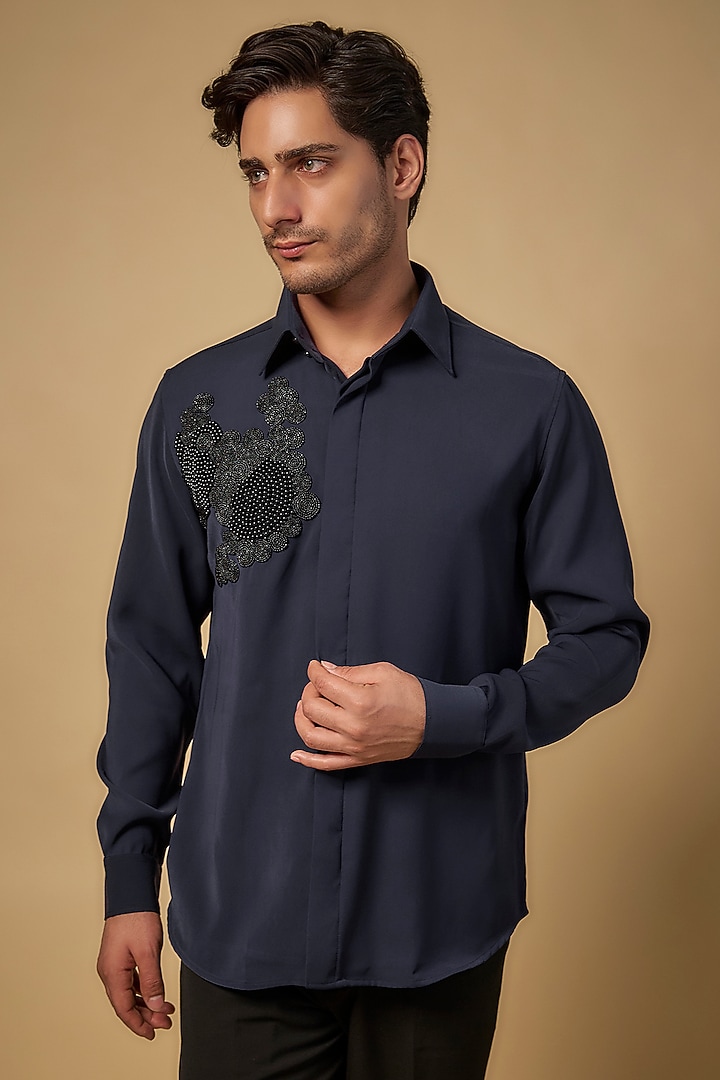 Blue Polysonic Party Wear Shirt by AMIT ARORA at Pernia's Pop Up Shop