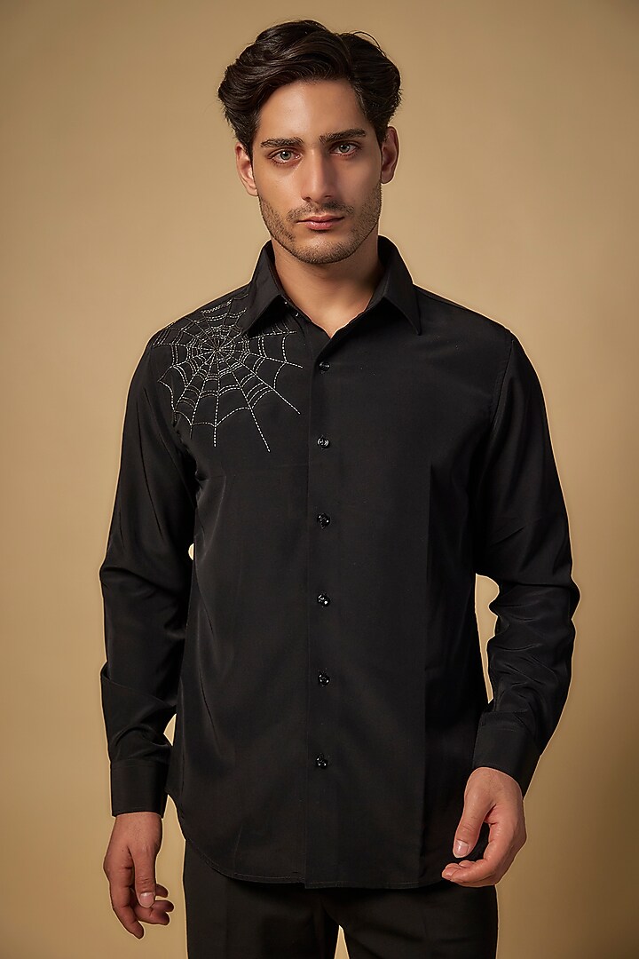 Black Polysonic Party Wear Shirt by AMIT ARORA at Pernia's Pop Up Shop