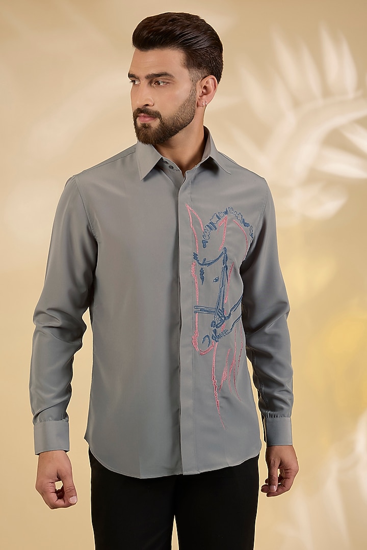 Grey Polynosic Party Wear Shirt by AMIT ARORA at Pernia's Pop Up Shop