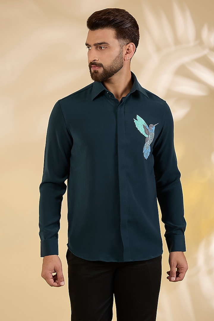 Turquoise Polynosic Party Wear Shirt by AMIT ARORA at Pernia's Pop Up Shop