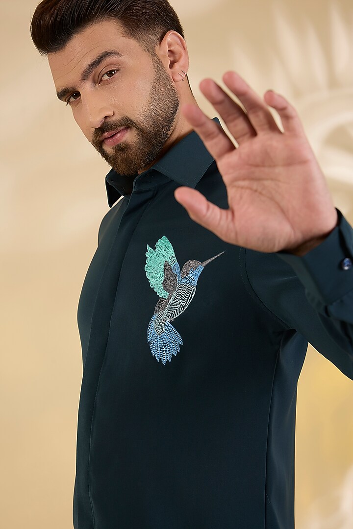 Turquoise Polynosic Party Wear Shirt by AMIT ARORA at Pernia's Pop Up Shop