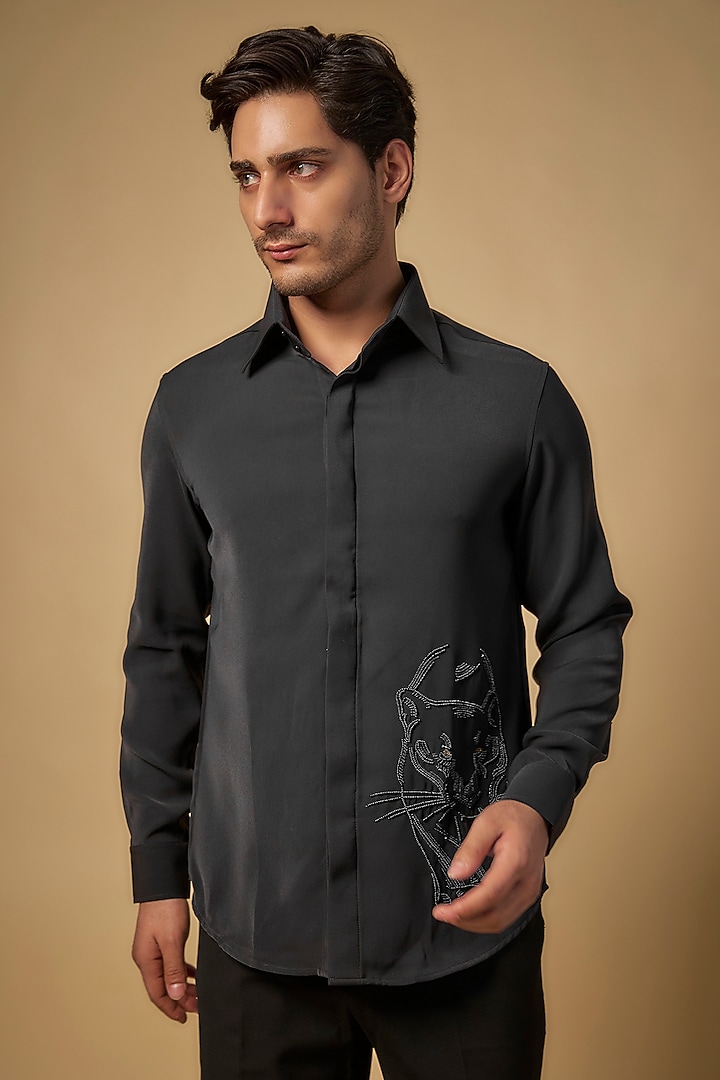 Black Polysonic Party Wear Shirt by AMIT ARORA at Pernia's Pop Up Shop