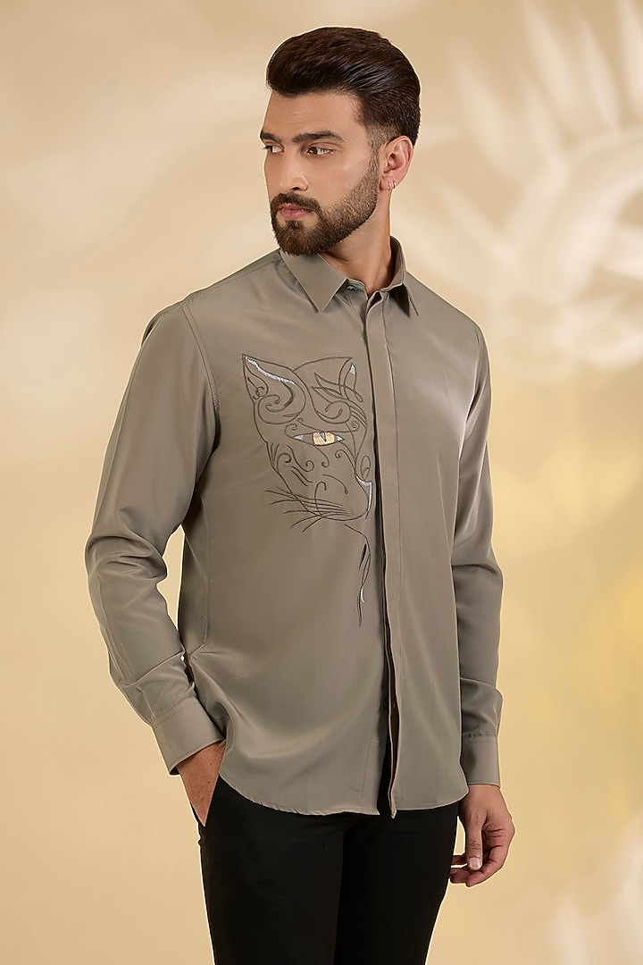 Khaki Polynosic Party Wear Shirt by AMIT ARORA at Pernia's Pop Up Shop