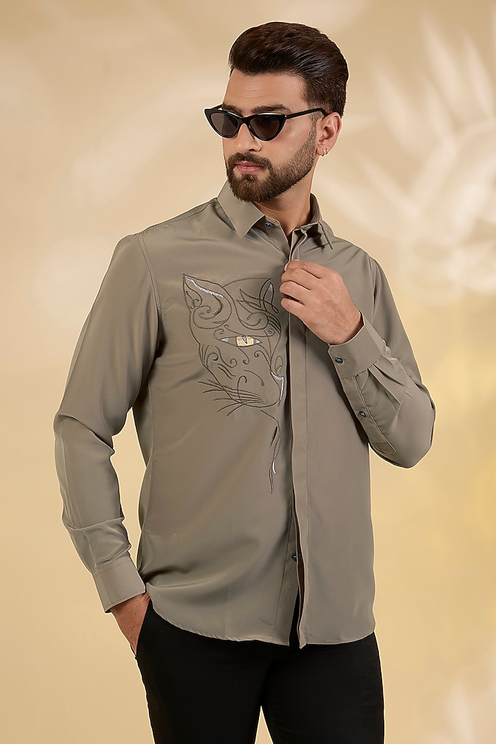 Khaki Polynosic Party Wear Shirt by AMIT ARORA at Pernia's Pop Up Shop
