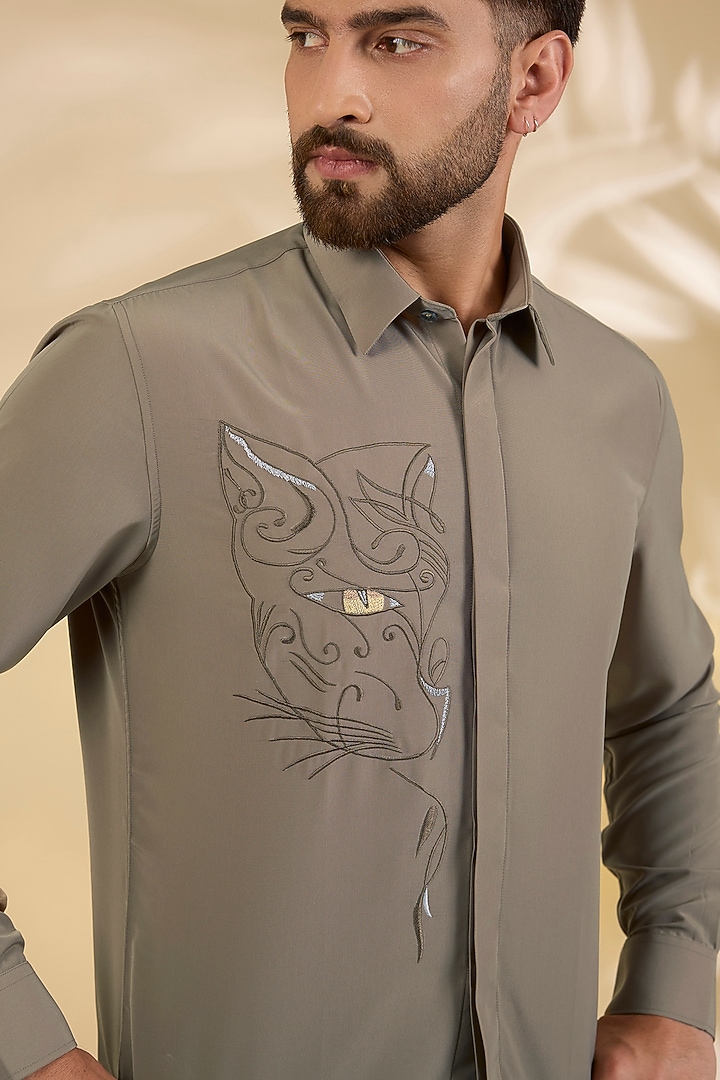 Khaki Polynosic Party Wear Shirt by AMIT ARORA at Pernia's Pop Up Shop
