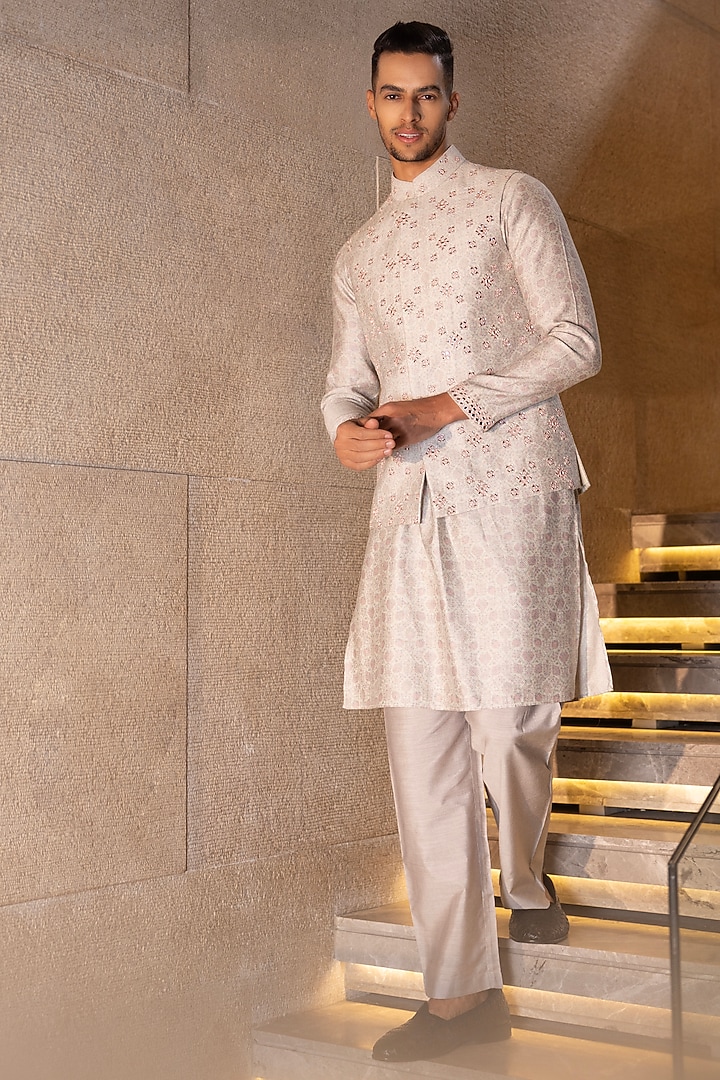 Mint Green & Pink Banarasi Silk Digital Printed Bundi Set  by AMIT ARORA at Pernia's Pop Up Shop