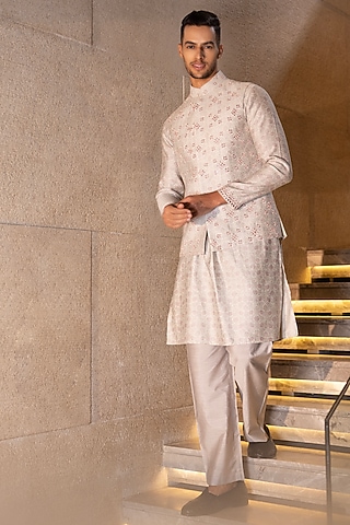 Mint Green & Pink Banarasi Silk Digital Printed Bundi Set  by AMIT ARORA