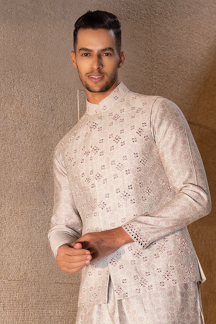 Mint Green & Pink Banarasi Silk Digital Printed Bundi Set by AMIT ARORA at Pernia's Pop Up Shop
