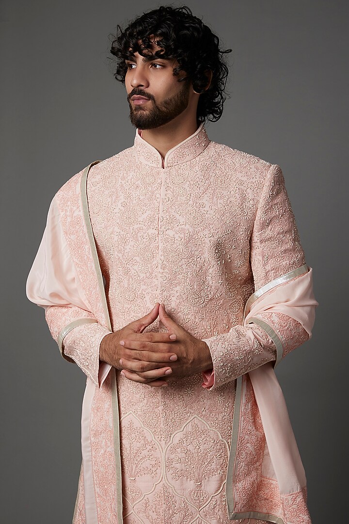 Peach Raw Silk Groom Sherwani Set by AMIT ARORA at Pernia's Pop Up Shop