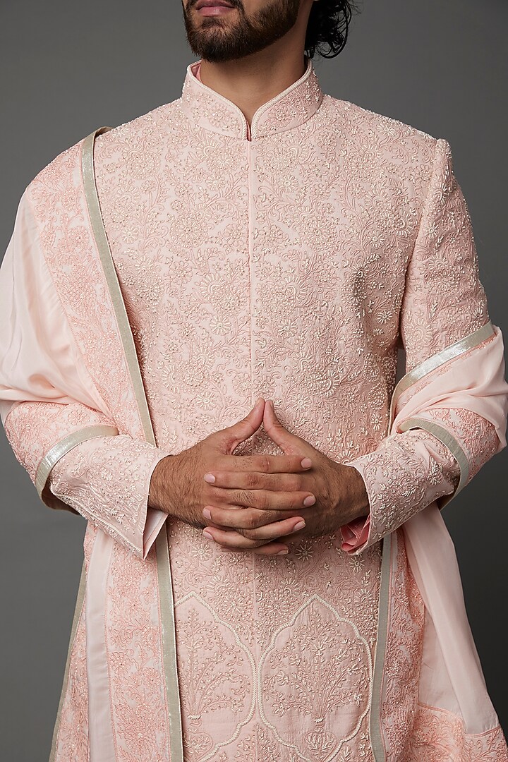 Peach Raw Silk Groom Sherwani Set by AMIT ARORA at Pernia's Pop Up Shop