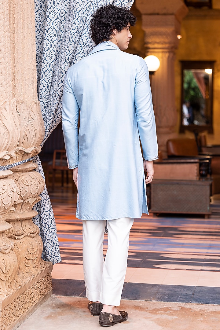 Sky Blue Moonga Silk Metal Work Kurta Set by AMIT ARORA at Pernia's Pop Up Shop