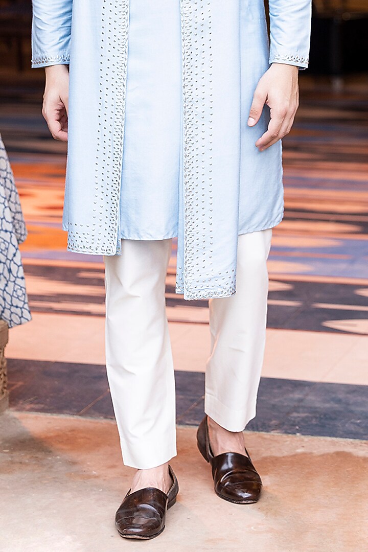 Sky Blue Moonga Silk Metal Work Kurta Set by AMIT ARORA at Pernia's Pop Up Shop