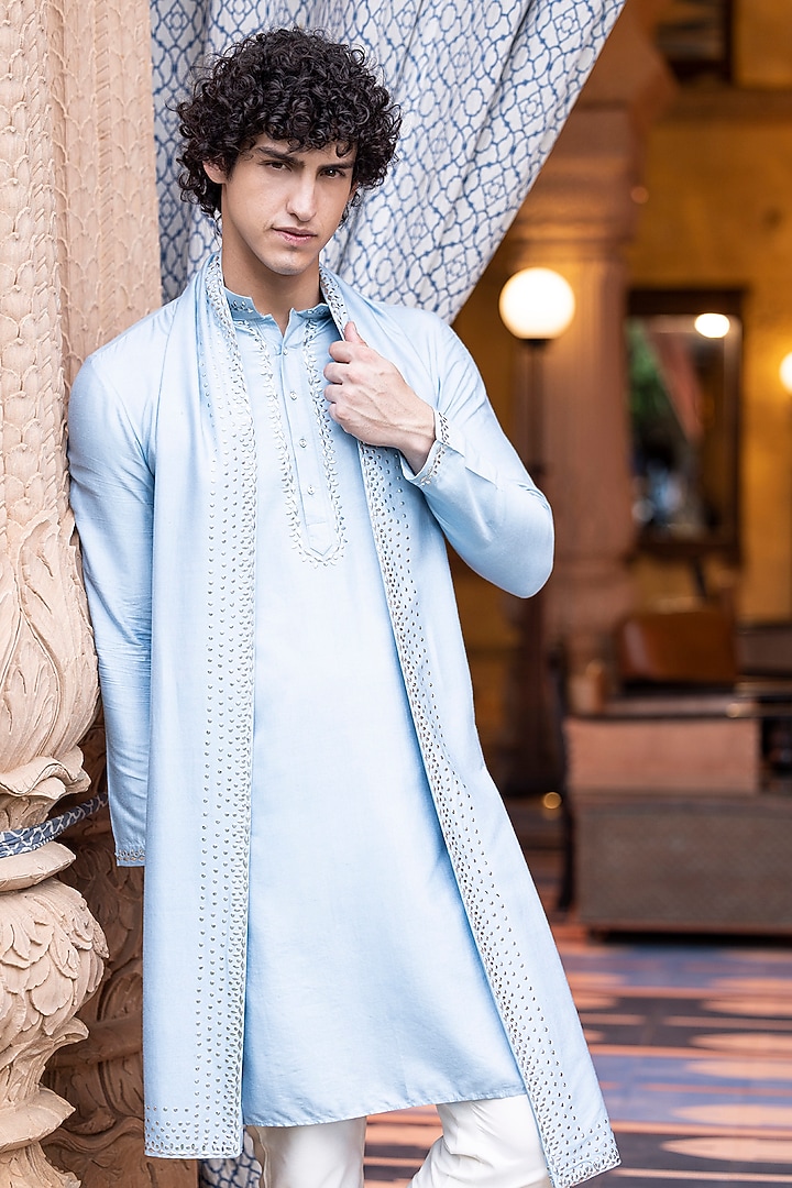Sky Blue Moonga Silk Metal Work Kurta Set by AMIT ARORA at Pernia's Pop Up Shop