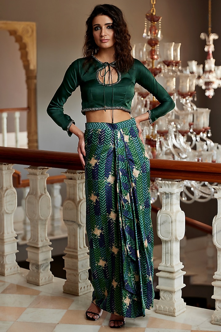 Green Modal Satin Hand Block Printed Skirt Set by AMROOD