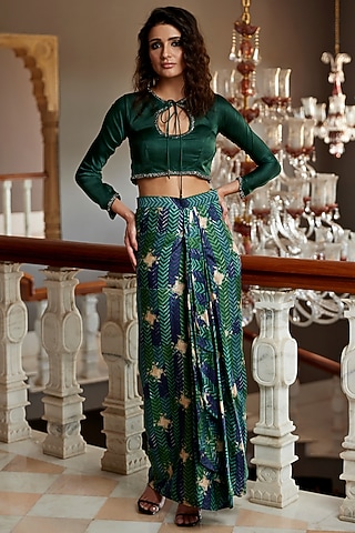 Green Modal Satin Hand Block Printed Skirt Set by AMROOD