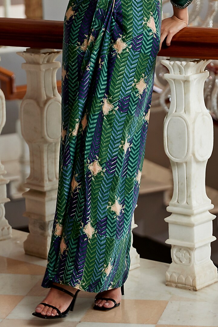 Green Modal Satin Hand Block Printed Skirt Set by AMROOD at Pernia's Pop Up Shop