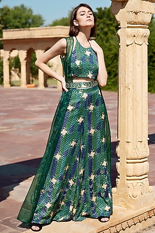 Green Modal Satin Hand Block Printed Palazzo Pant Set by AMROOD