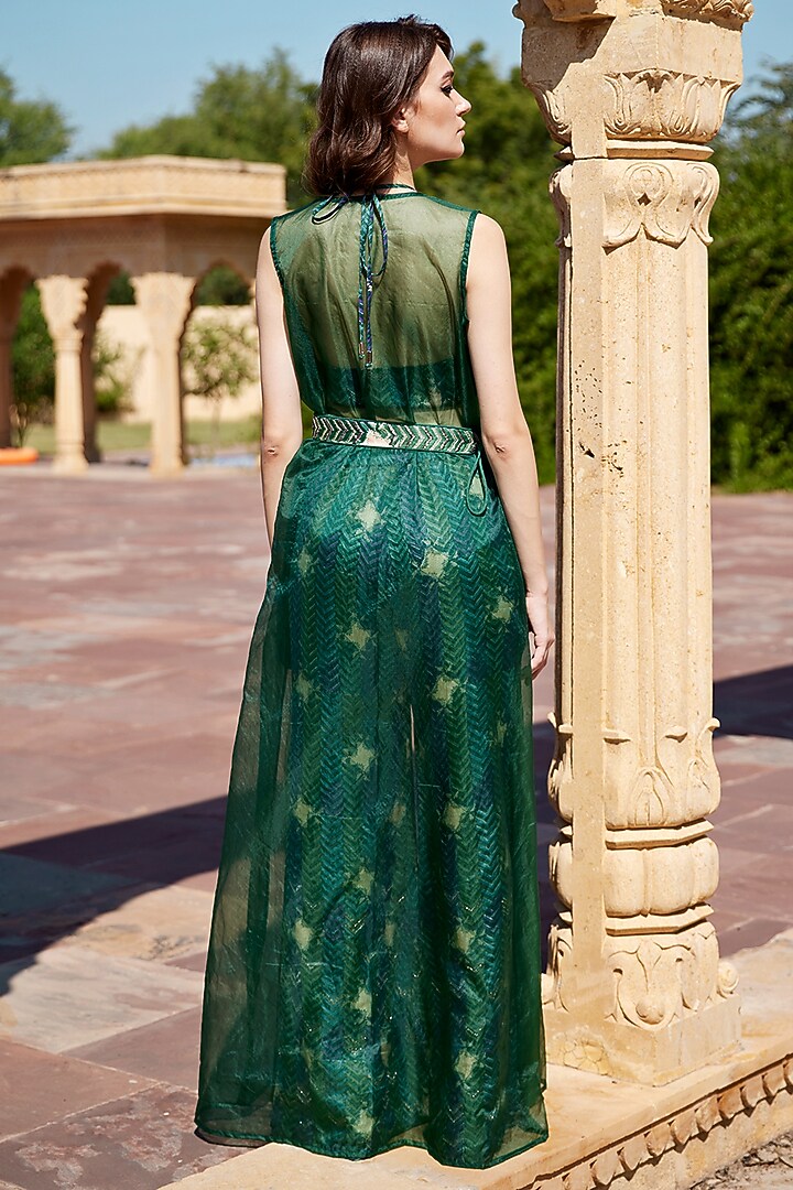 Green Modal Satin Hand Block Printed Palazzo Pant Set by AMROOD at Pernia's Pop Up Shop