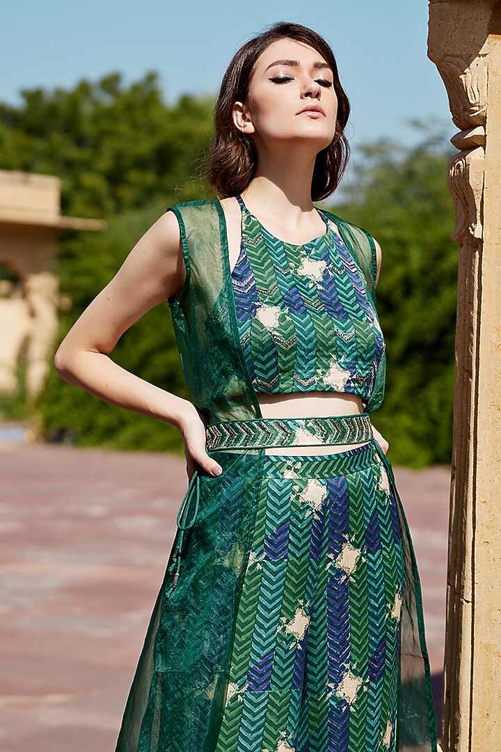 Green Modal Satin Hand Block Printed Palazzo Pant Set by AMROOD at Pernia's Pop Up Shop