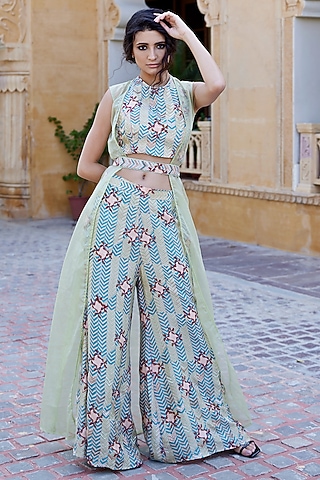 Green Modal Satin Hand Block Printed Palazzo Pant Set by AMROOD