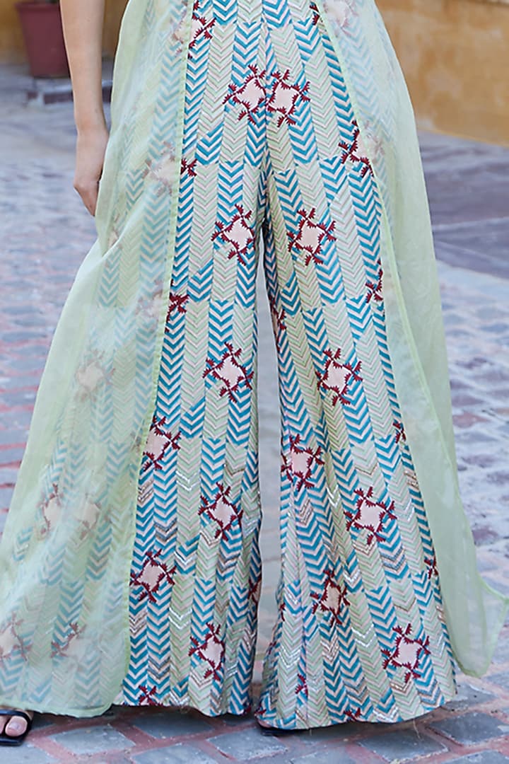 Green Modal Satin Hand Block Printed Palazzo Pant Set by AMROOD at Pernia's Pop Up Shop