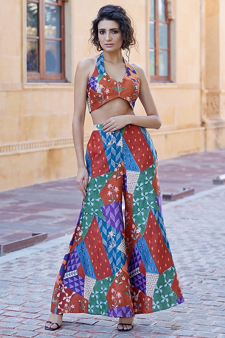 Multi-Colored Modal Satin Hand Block Printed Palazzo Pant Set by AMROOD