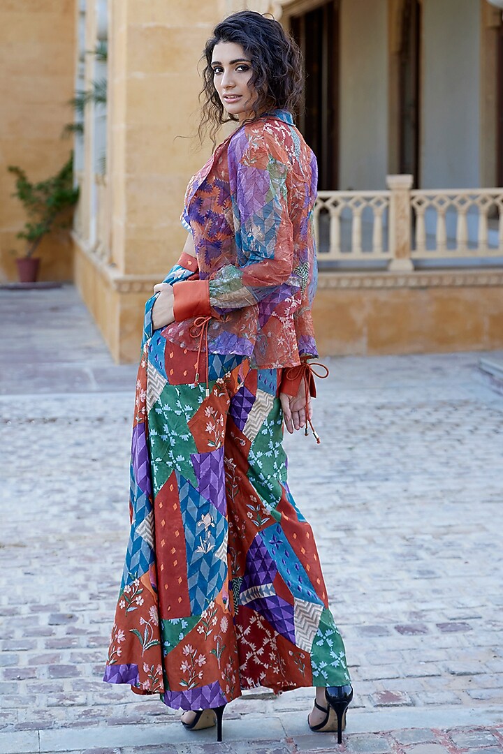 Multi-Colored Modal Satin Hand Block Printed Palazzo Pant Set by AMROOD at Pernia's Pop Up Shop