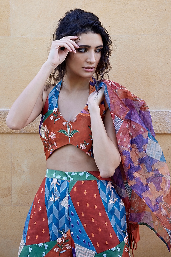 Multi-Colored Modal Satin Hand Block Printed Palazzo Pant Set by AMROOD at Pernia's Pop Up Shop