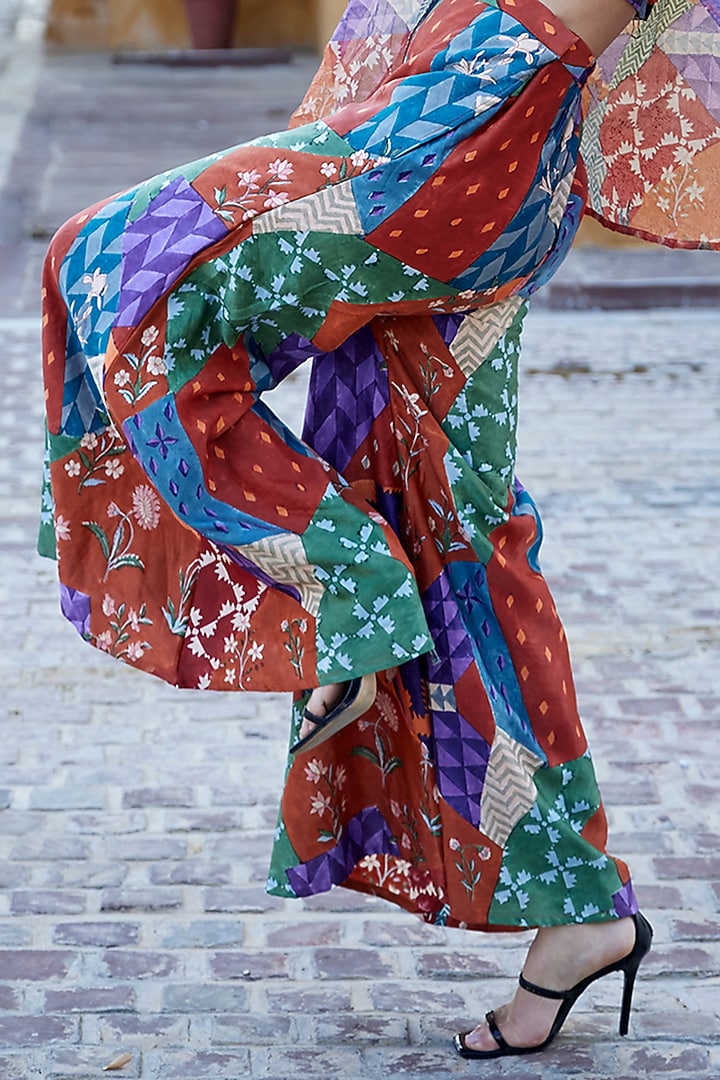Multi-Colored Modal Satin Hand Block Printed Palazzo Pant Set by AMROOD at Pernia's Pop Up Shop