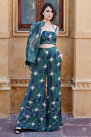 Green Modal Satin Hand Block Printed Palazzo Pant Set by AMROOD