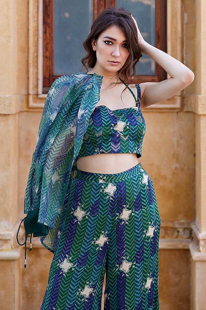Green Modal Satin Hand Block Printed Palazzo Pant Set by AMROOD at Pernia's Pop Up Shop