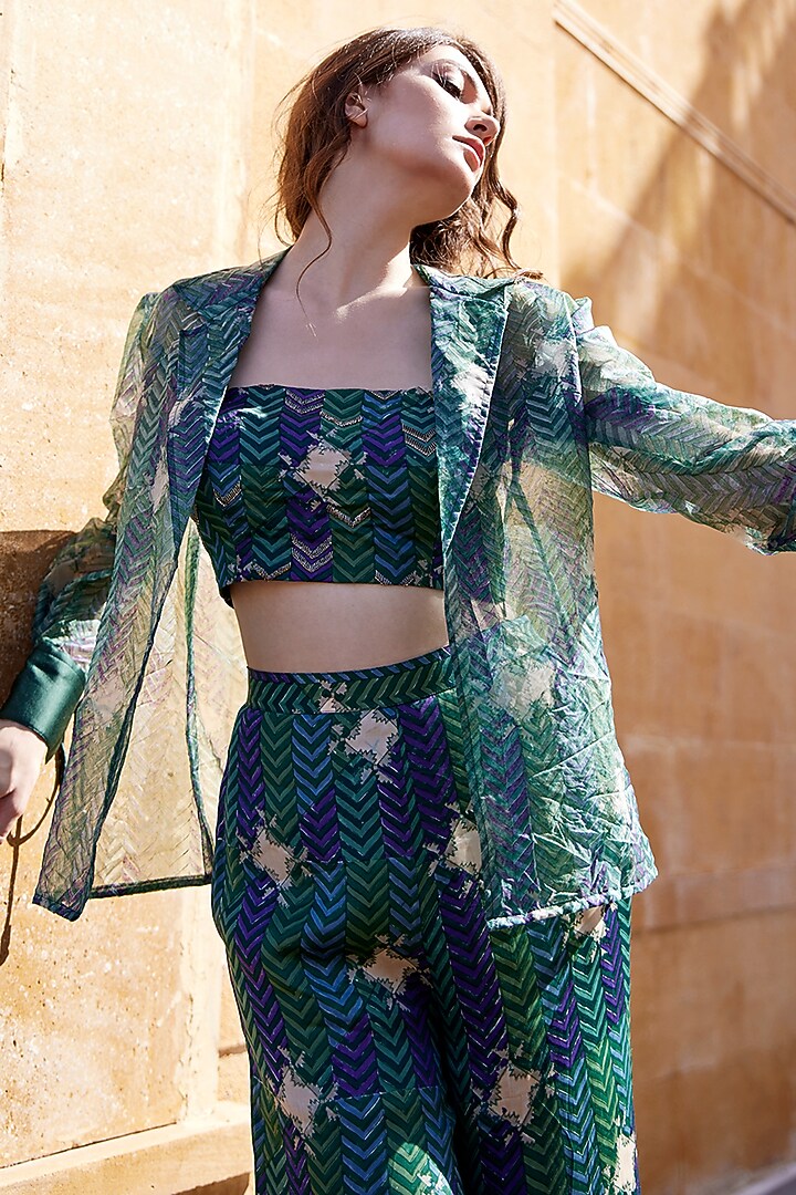 Green Modal Satin Hand Block Printed Palazzo Pant Set by AMROOD at Pernia's Pop Up Shop