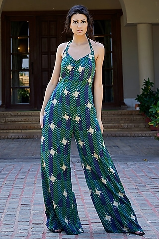 Green Modal Satin Hand Block Printed & Cutdana Embroidered Jumpsuit by AMROOD