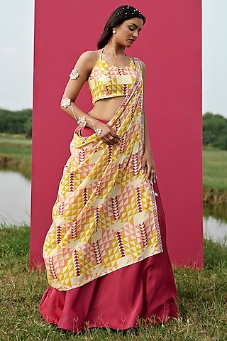 Yellow Modal Satin Block Printed Drape Lehenga Set by AMROOD