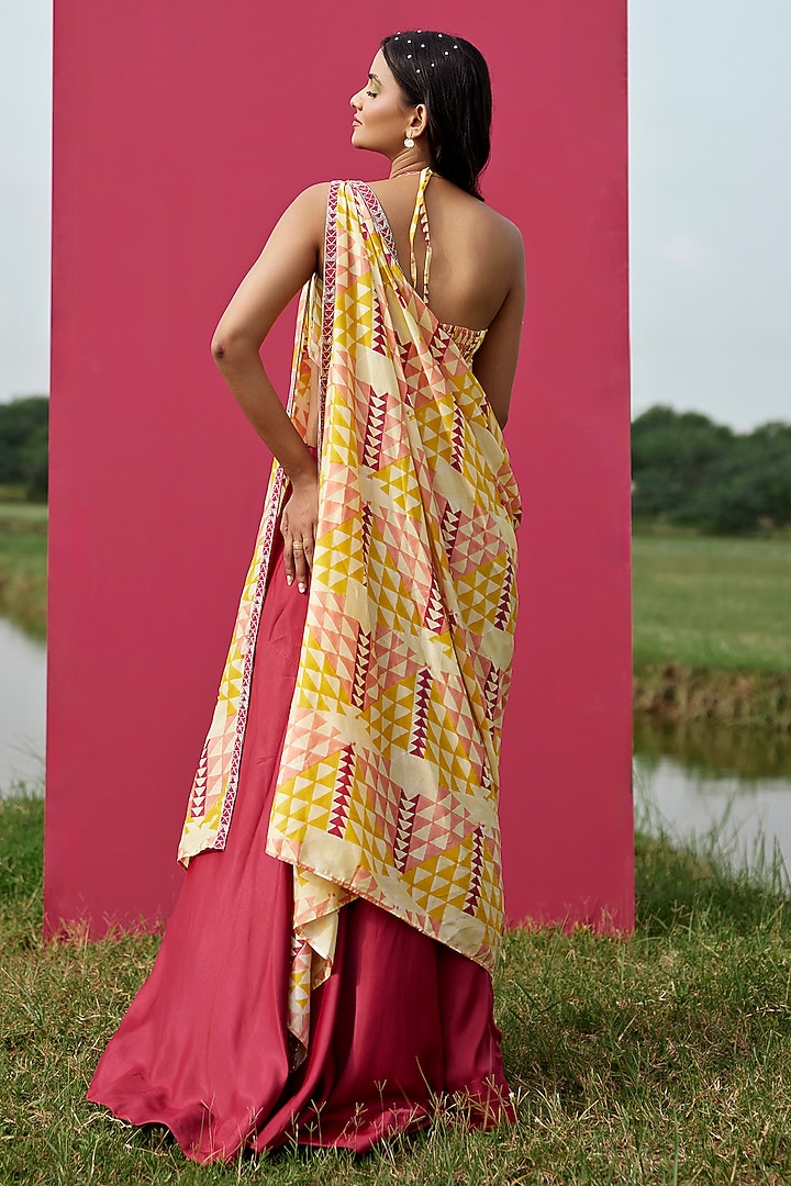 Yellow Modal Satin Block Printed Drape Lehenga Set by AMROOD at Pernia's Pop Up Shop