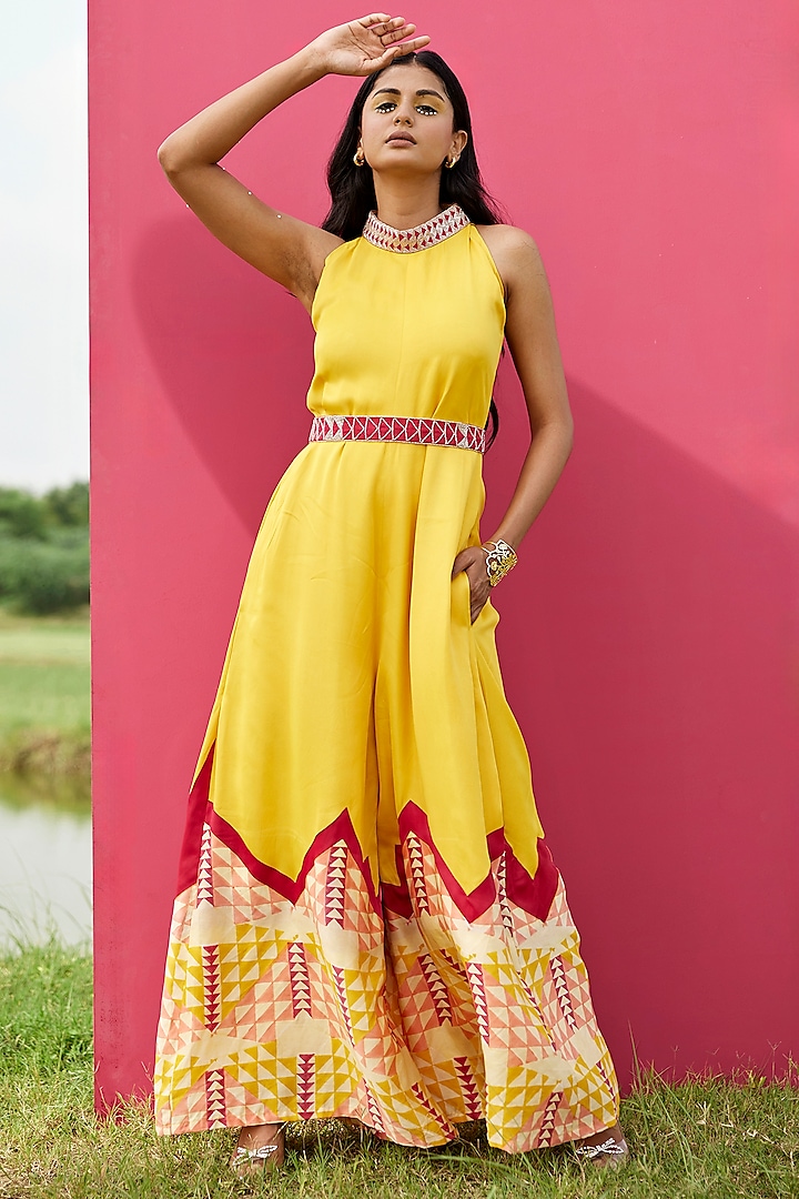 Yellow Modal Satin Cutdana Embroidered Hand-Blocked Jumpsuit by AMROOD