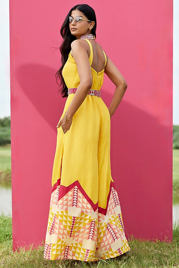 Yellow Modal Satin Cutdana Embroidered Hand-Blocked Jumpsuit by AMROOD at Pernia's Pop Up Shop