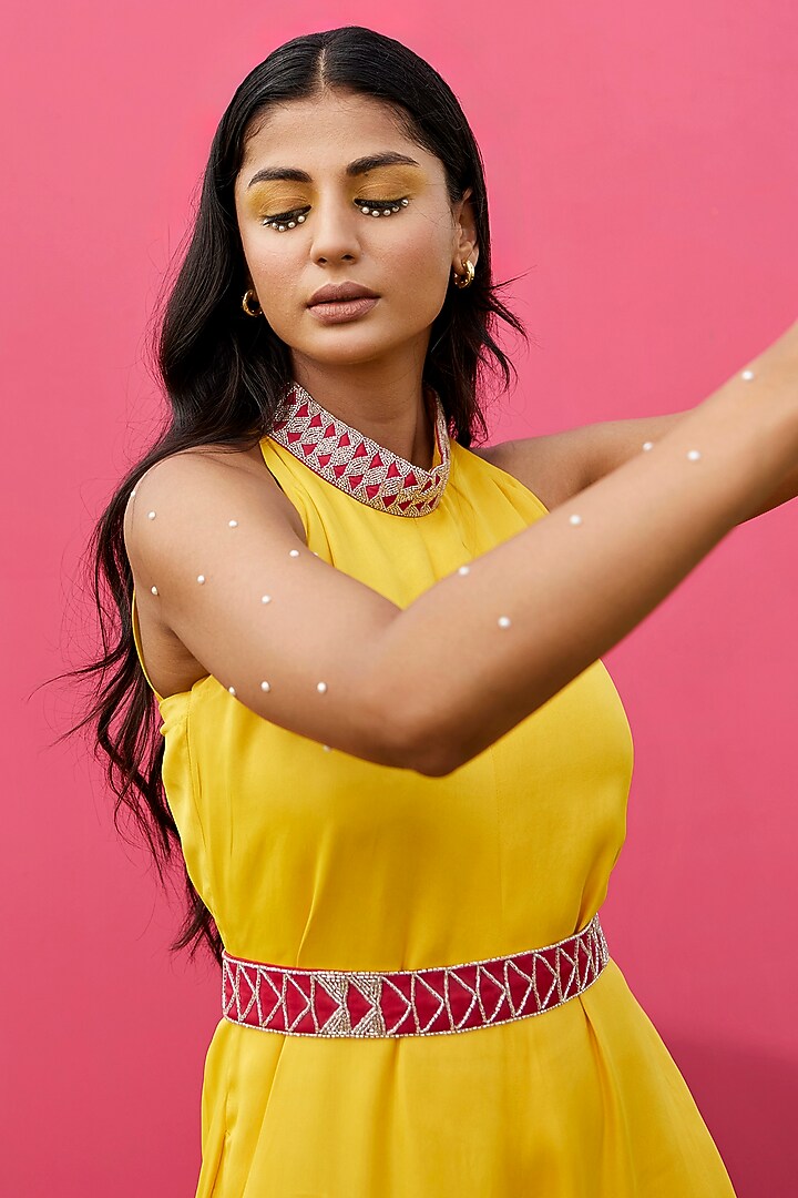 Yellow Modal Satin Cutdana Embroidered Hand-Blocked Jumpsuit by AMROOD at Pernia's Pop Up Shop